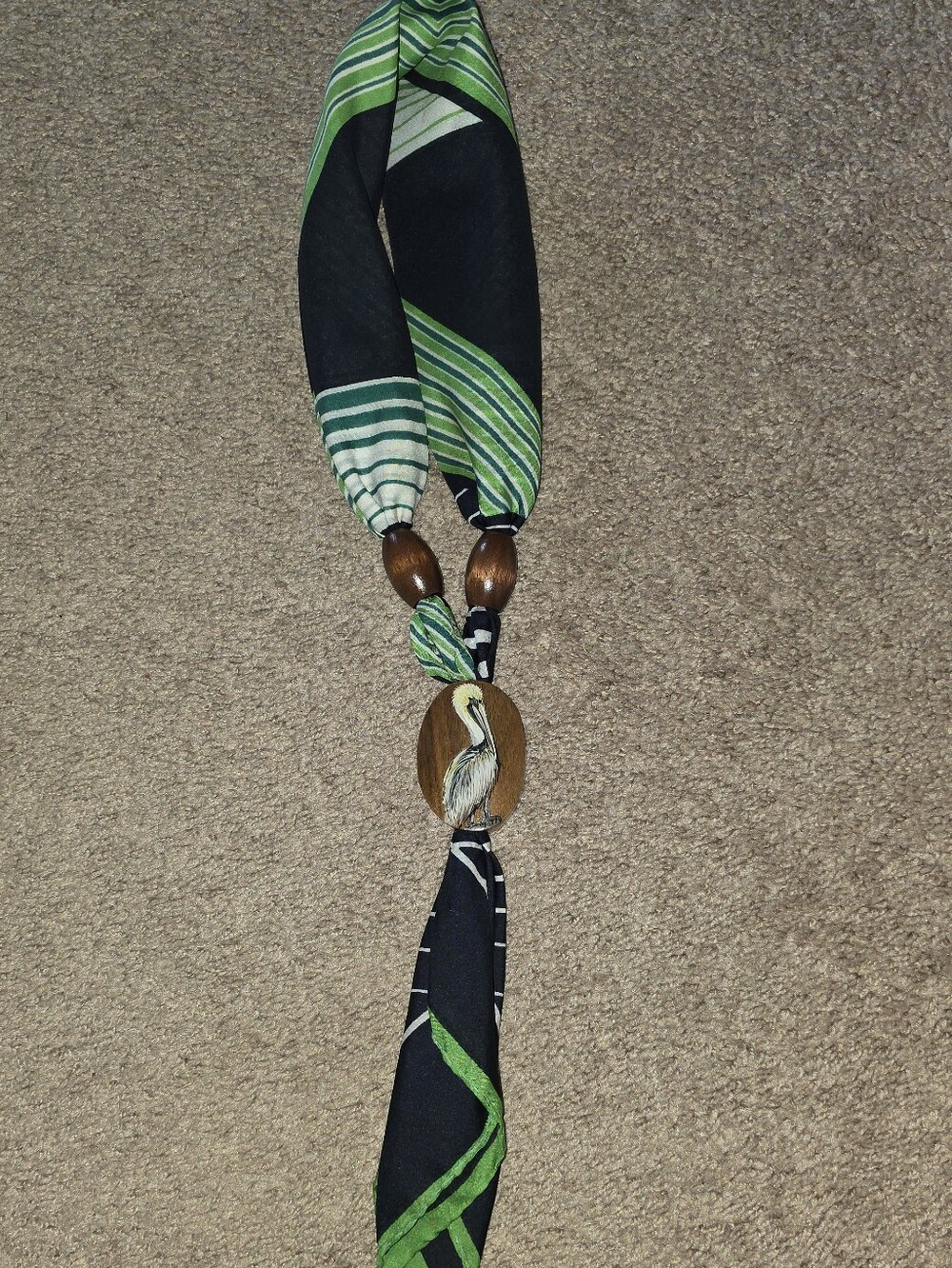 Nautical Pelican Scarf Necklace Wood Accent Navy Green Rose Detail